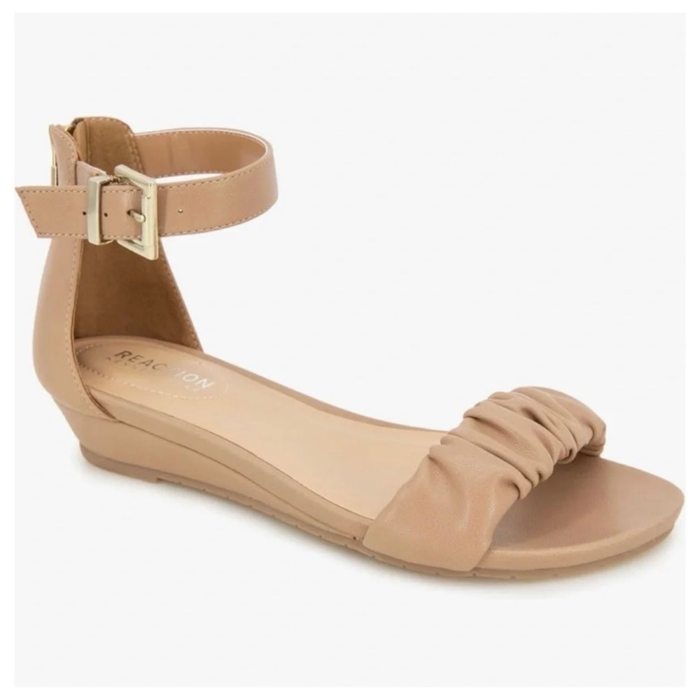 Reaction Kenneth Cole Tan Nude Brown Ankle-Strap Ruched Wedge Sandals, Size 8.5M